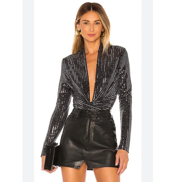 ASTR the Label Tops - ASTR The Label With A Twist Bodysuit in Mirror Sequin Deep V-Neck Bodysuit Small